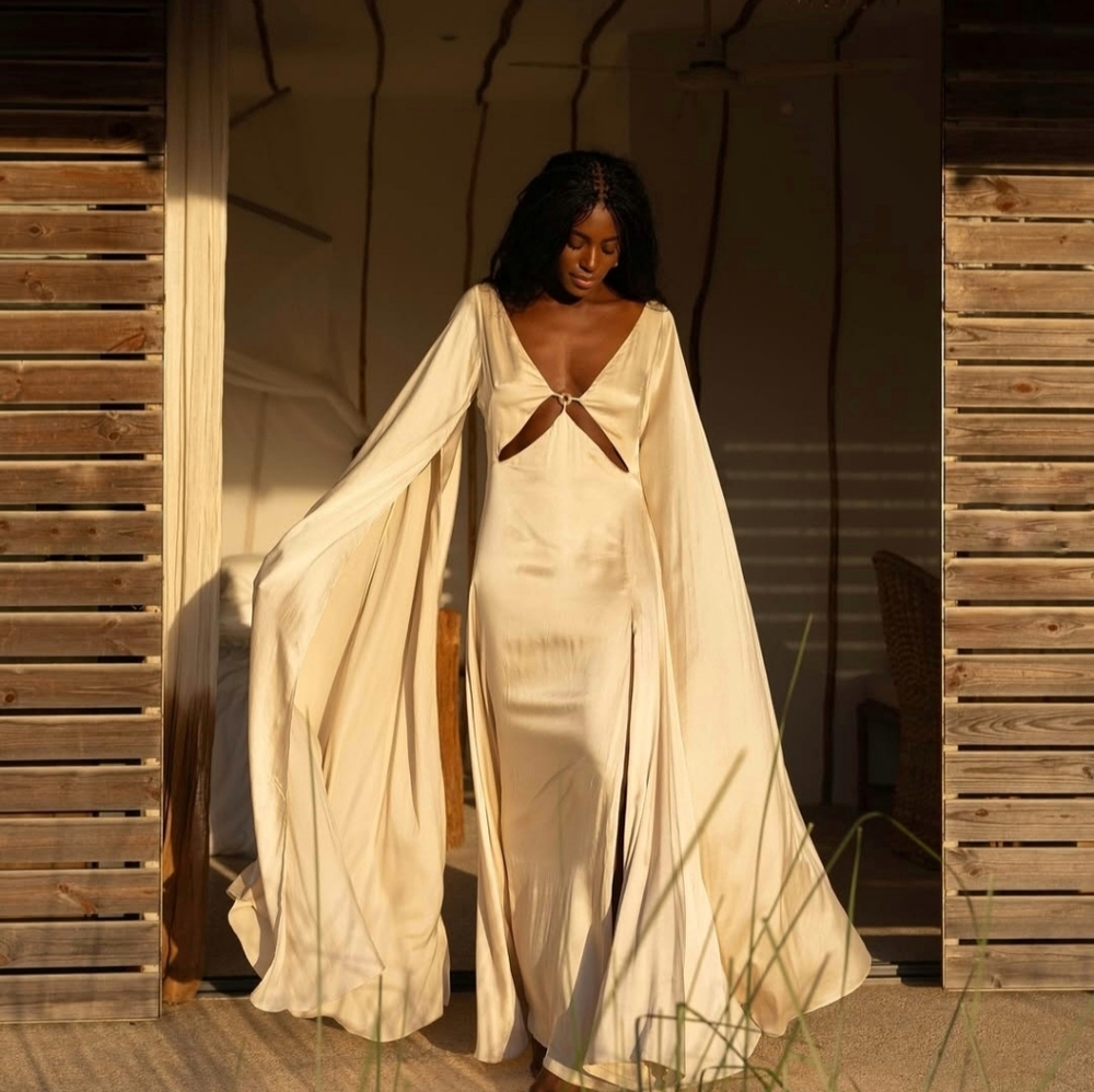 Cult Gaia Shaine Gown Maxi Cape Bridal Silk Cutouts White Ivory Medium - Picture 4 of 17